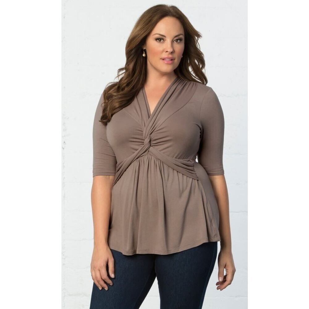 Kiyonna Top 3X Brown Taupe Caycee Twist Front Slimming Empire Waistline V Neck - Picture 10 of 11